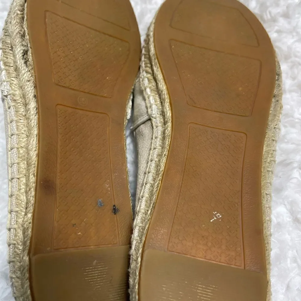 Tory Burch Canvas Khaki & beige espadrilles slip on gold tone logo accent SZ9.5